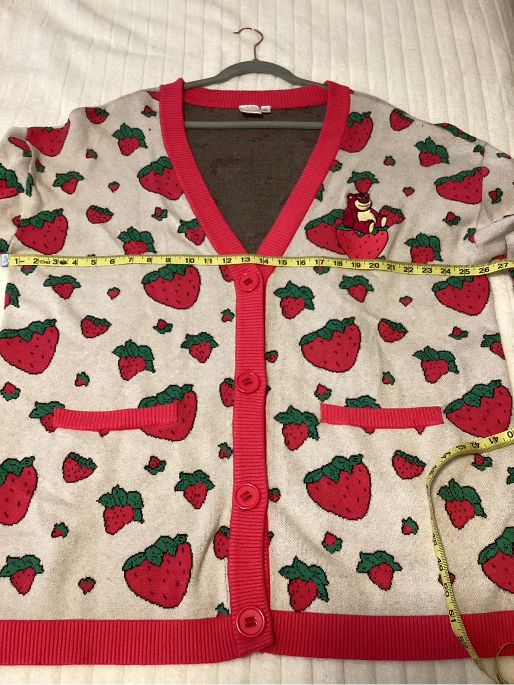 Pixar Cozy Lotso bear Strawberry Cardigan Sweater - Red/White, EUC, 3X - Picture 6 of 10
